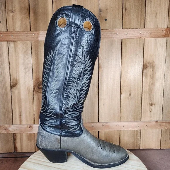 Vintage Nocona Buckaroo Tall Boots Mens 9.5 D Black Gray Leather Western Cowboy